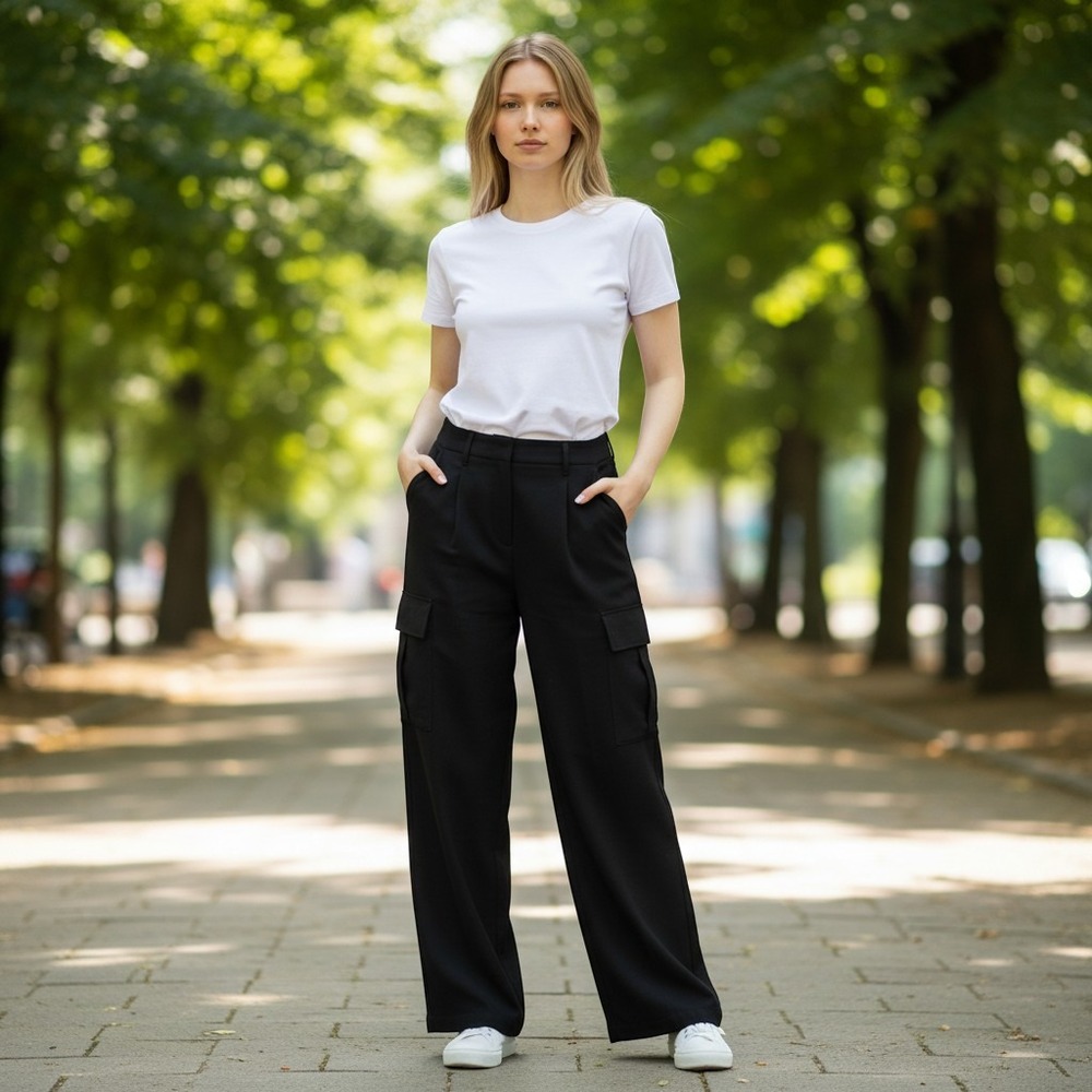 Oak + Fort Women Black Wide Leg Cargo Pants High Rise Trousers PT-10762-W Size 4